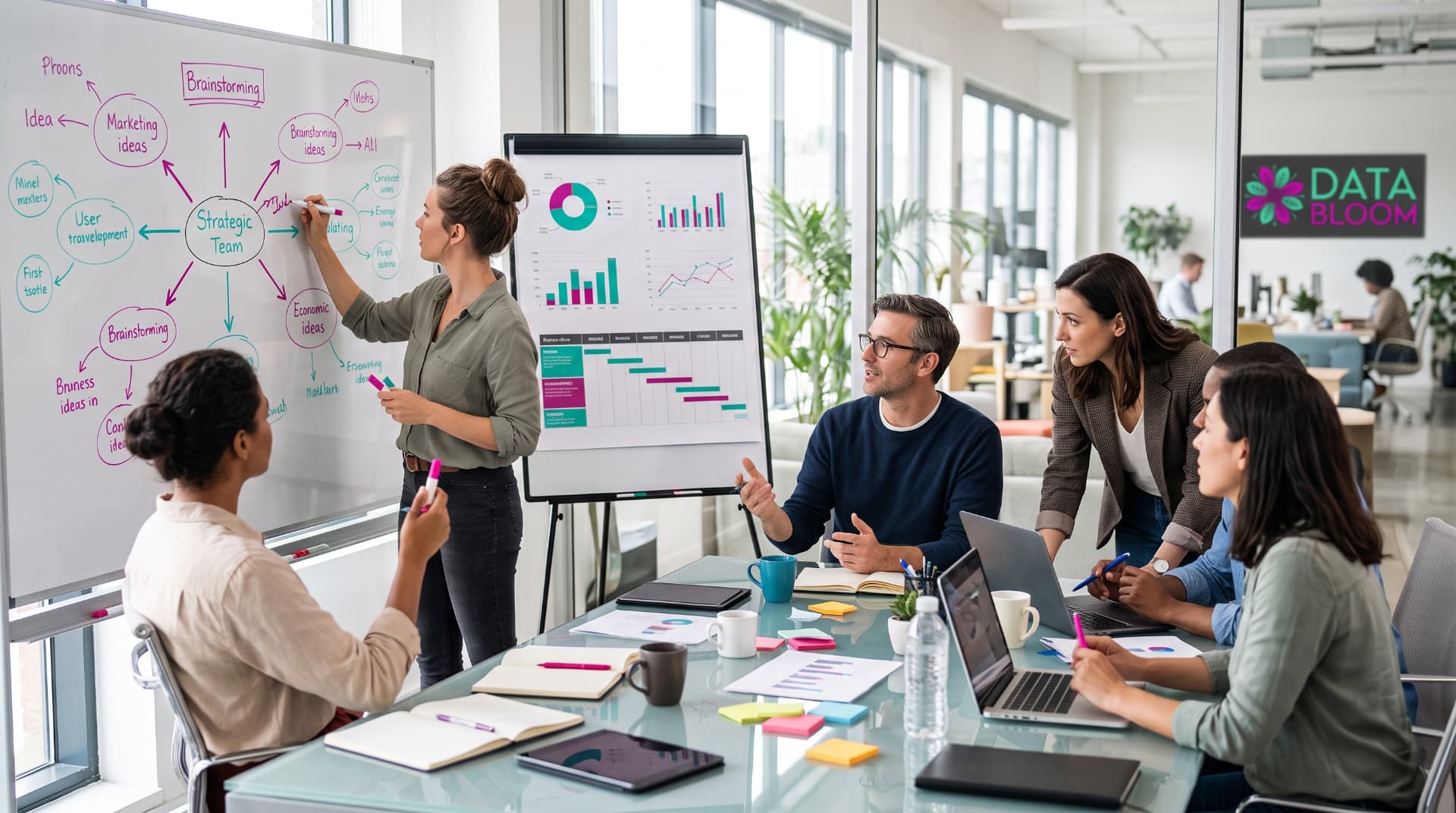A team planning connected business processes at a whiteboard