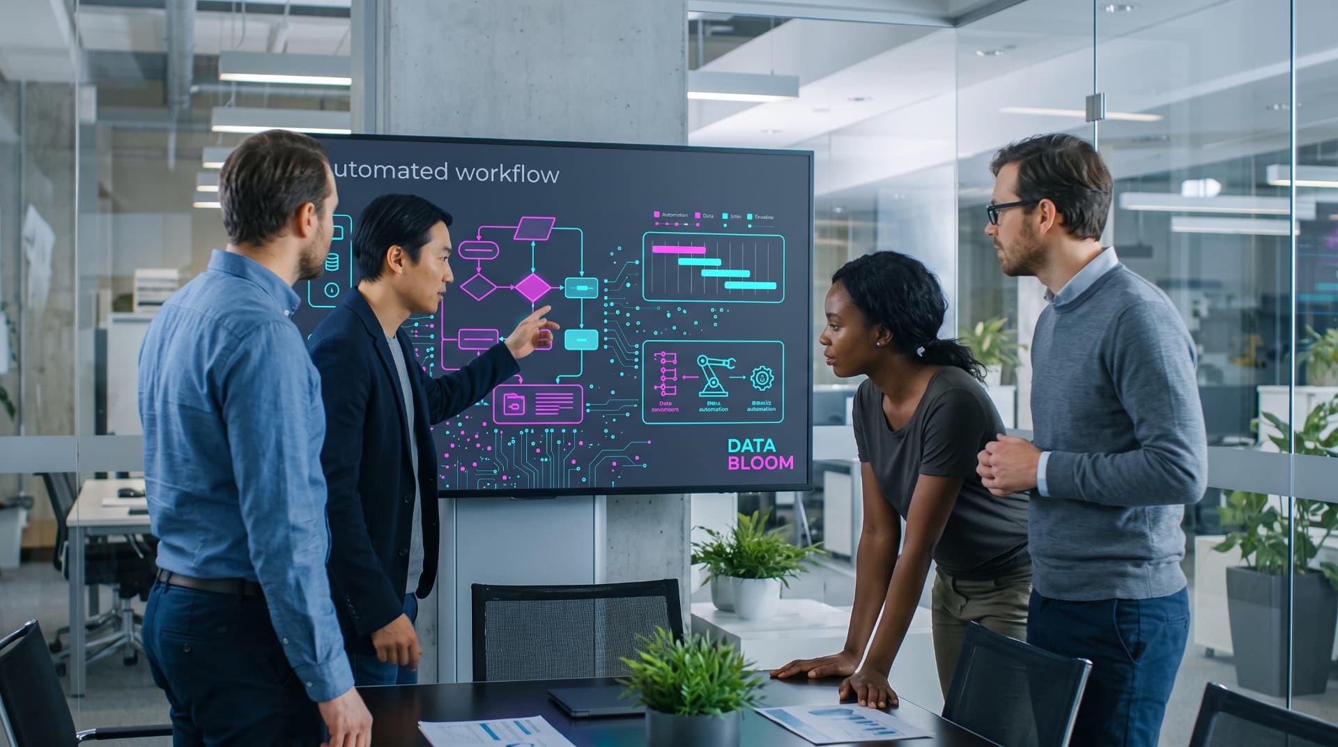 Colleagues reviewing a customer relationship management workflow
