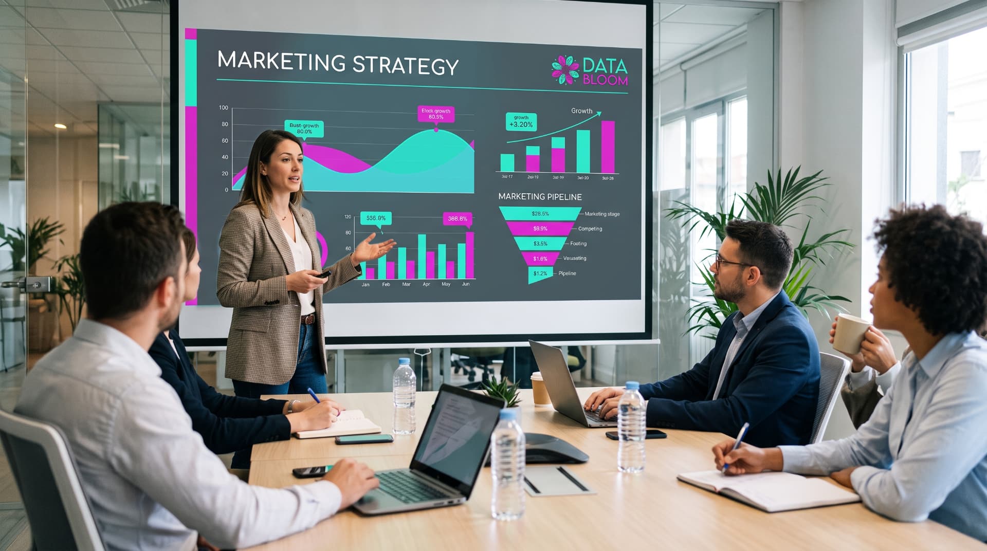 A team discussing marketing strategy and campaign performance